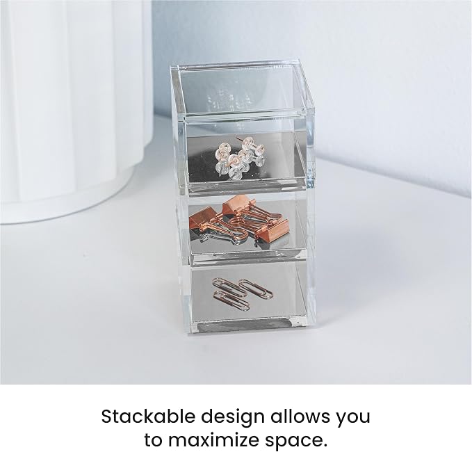 3-Tier Stackable Acrylic Holder, Clear with Silver Metal Base | Stylish desk organizer and storage for office or home, Transparent square design, Functional and elegant desk accessories