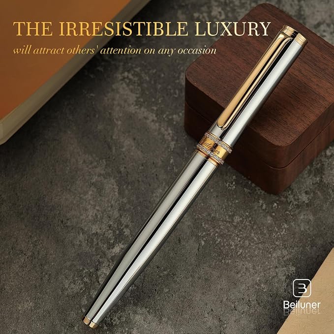 BEILUNER Silver Chrome Rollerball Pen, Diamond-Studded Cap Design, 24K Gold Trim, Noble and Elegant, Schneider Ink Refill, Best Pen Gift Set for Women & Men, Professional, Business Office, Nice Pens