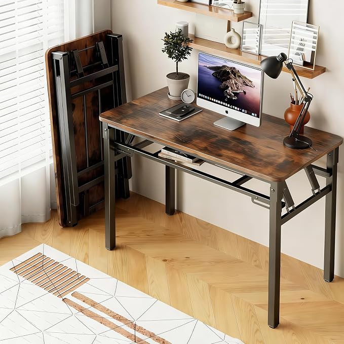 BYMECOST 39 inches Folding Computer Desk, No Assembly Long Foldable Office Table, Portable Large Foldable Home Office Desk, No Install Activity Table Conference Table (Brown, 39.4")