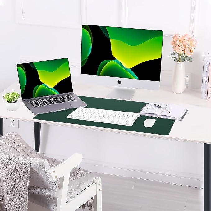 AFIING Cork Desk Mat, Dark Green, 23.6" x 13.7", Desk Pad Protector | Dual-Sided & PU Leather, Waterproof, Non-Slip for Mouse Pad, Writing, Home Office& Laptop