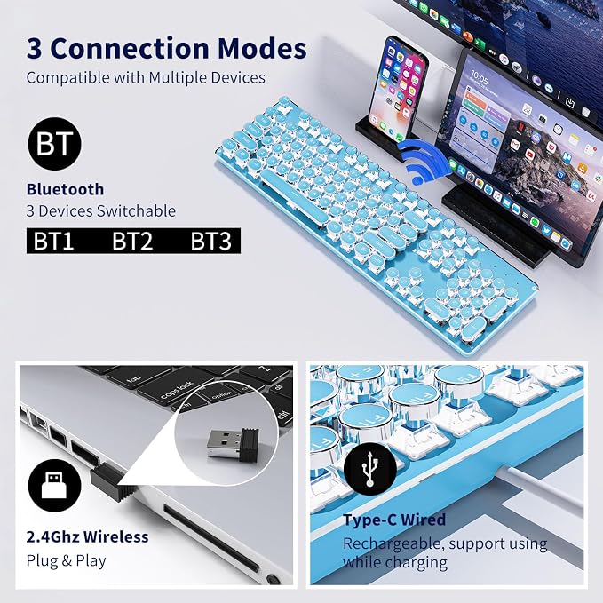SEUNKWANG EWEADN TK950 Typewriter Keyboard Wireless Mechanical Keyboard, 104 Keys Aesthetic Typewriter Keyboards with White Backlit, Anti-Ghosting, Blue Switch Bluetooth/2.4GHz/Wired Keyboards-Blue