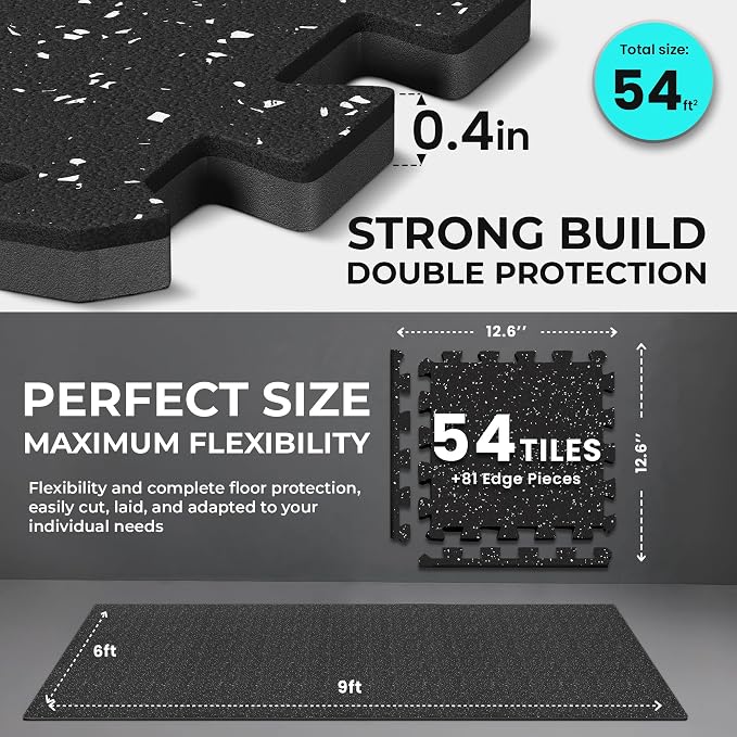 bemaxx Gym Mats Set - 54 pcs EVA Interlocking Foam Floor Tiles (12.6"x12.6"x0.4") 54sqft Protective Gym Flooring Sports Home Workout Exercise Mats Puzzle Garage Fitness Play-Room Pool Treadmill Bike