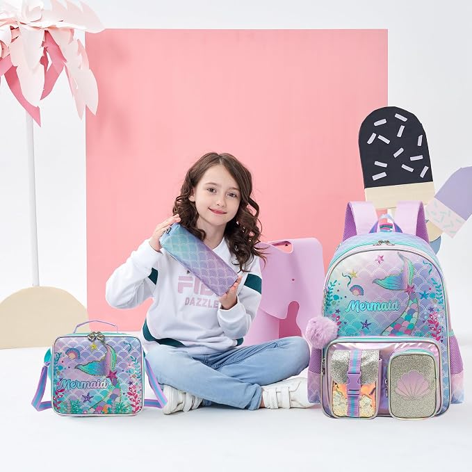 Meetbelify Mermaid Backpack for Girls Backpacks with Lunch Box Pencil Case for Elementary Student Kids School Travel Bag for Girls Ages 6-8 Years Old