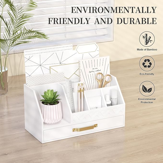 Wisuce Bamboo Mail Organizer Countertop with Drawers, Wooden Desk Organizer File Bill Sorter Storage Box for Desktop Letter Envelope Countertop Holder for Office Home School Organization