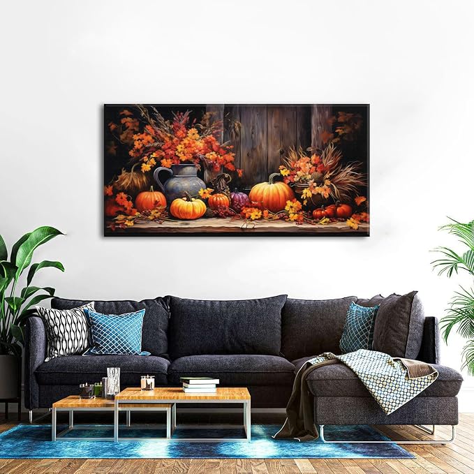 AIYISU Rustic Pumpkin Canvas Wall Art Farmhouse Dining Room Pictures Kitchen Wall Decor Autumn Flowers Canvas Prints Fall Harvest Theme Posters Halloween Painting Artwork Home Decorations 24x48