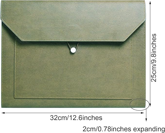 PU Leather A4 File Folder Document Holder 2 Pockets Portfolio Envelope Folder Case with Elastic String 3/4 Inch Expansion (Green)