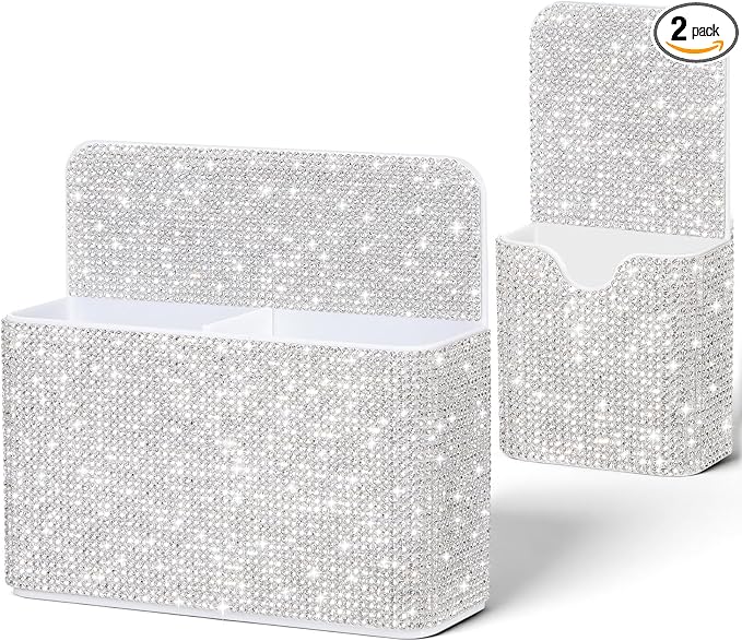 MotiMind 2 Pcs Bling Magnetic Marker Holder Women Girl Locker Accessories Marker Pen Pencil Holder for Refrigerator Whiteboard Sparkly Gift Desk Organizer for School Office(Rhinestone,White)