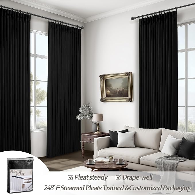 High Ceiling Extra Long Pinch Pleated Black Out 108 Inch Curtains for Patio Sliding Door, Textured Blackout Natural Linen 2 Layer Tall Curtain 9 FT Length Drapes for Dining Room Windows 2 Panels Decor