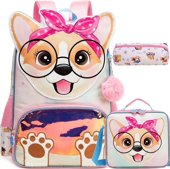 Meetbelify 3 in 1 Backpack for Girls Backpack for Elementary Student Cute Kids Travel Bookbag with Lunch Box Pencil Case for Girls Ages 6-8