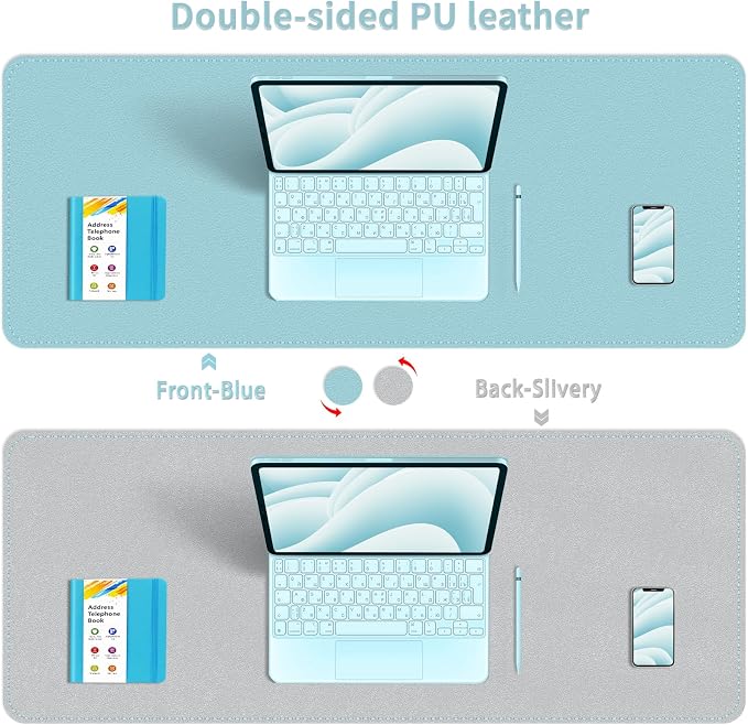 Double-Sided Office Desk Mat, Large Mouse Pad, Waterproof PU Leather Protective Pad, Laptop Desk Pad, Dual Use Cover Protector for Office/Home Keyboard (Blue+Slivery, 31.5''×15.8'')