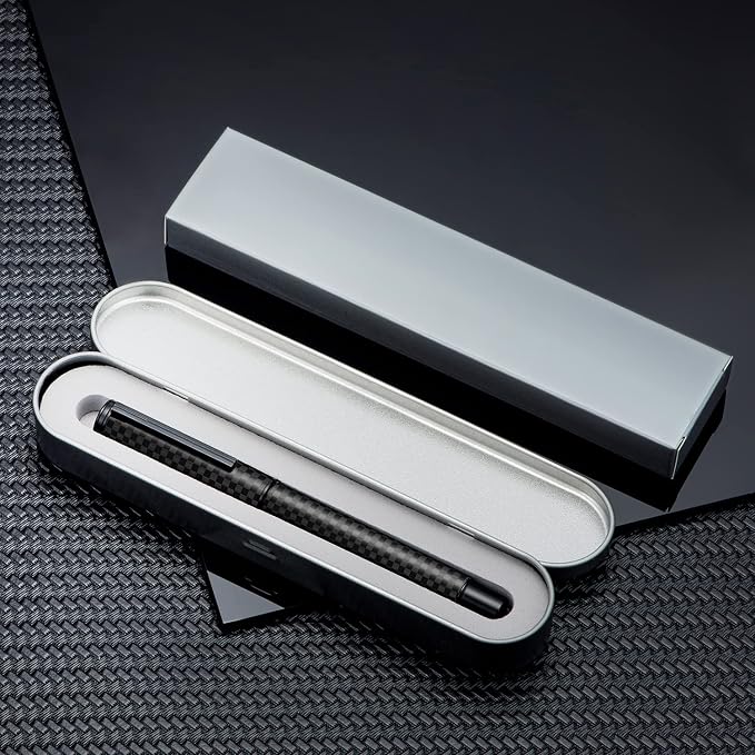 Hongdian 1861 Black Forest Carbon Fiber Fountain Pen, Long Blade Nib Modern Design Smooth Writing Pen with Converter and Metal Pen Case Set