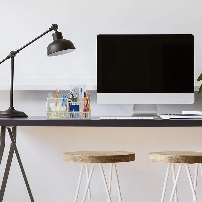 Relaxdays Desk Organiser, Modern Look, Metal Mesh, Total Dimensions: H x W x D: 13 x 28 x 14 cm, White