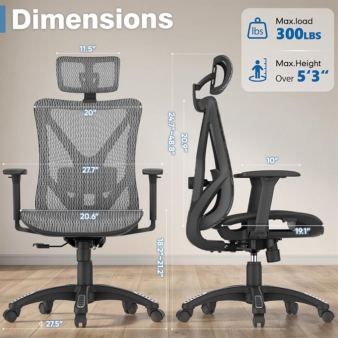 ELABEST T23 Ergonomic Mesh Office Chair, High Back Computer Desk Chair, Breathable AirMesh with Dual-Move Lumbar Support, 3D Armrests & Headrest, Tilt Lock,Big and Tall for Home Office(Graphite)