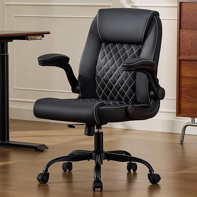 Leather Office Chair, 300lbs Heavy Duty Mid-Back Desk Chairs with Flip-up Armrests, Space-Saving Swivel Task Chair with Wheels, Adjustable Height and Ergonomic Back Support, Black