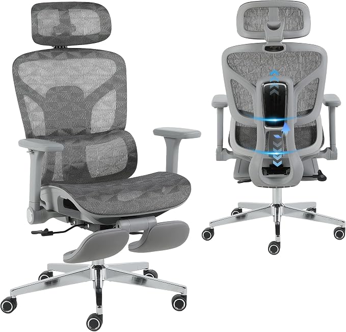 Korser Ergonomic Mesh Office Chair with Footrest, Big and Tall Desk Chair with 4D Flip-Up Arms, Auto-Tracking Lumbar Support, 3D Headrest, High Back Computer Gaming Chair for Home Office, Grey