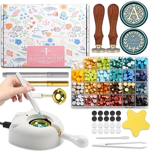 Flower Initial Alphabet A & Eucalyptus Wax Seal Stamp Kit with 2 Brass Heads Electric Wax Seal Warmer 600 Sealing Beads Ideal for Wedding Invitation Gift Wrapping Christmas (Floral A Kit)
