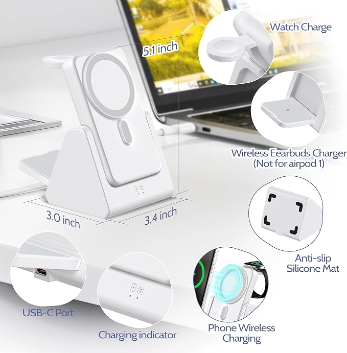 Smtcsl 3-in-1 Wireless Charging Station: Portable 5000mAh Power Bank Charger Compatible for Phone Air/17/16/15/14/13/12 Series and Watch - Detachable Magnetic Charging Stand White