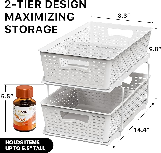 Simple Houseware 2 Tier Pull-Out Sliding Drawer Under Sink Storage, White | Great for Kitchen Bathroom Tray Shelf Organizer