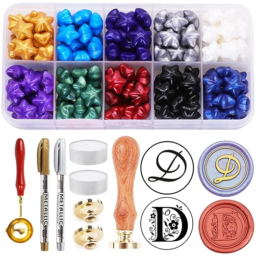 Letter Wax Seal Kits, 200pcs Assorted WaxSeal Beads and 2pcs Initial Alphabet D Wax Seal Stamp Kits for Wedding Invitations Gift Wraps Envelopes and Christmas Cards (Alphabet D Kit)