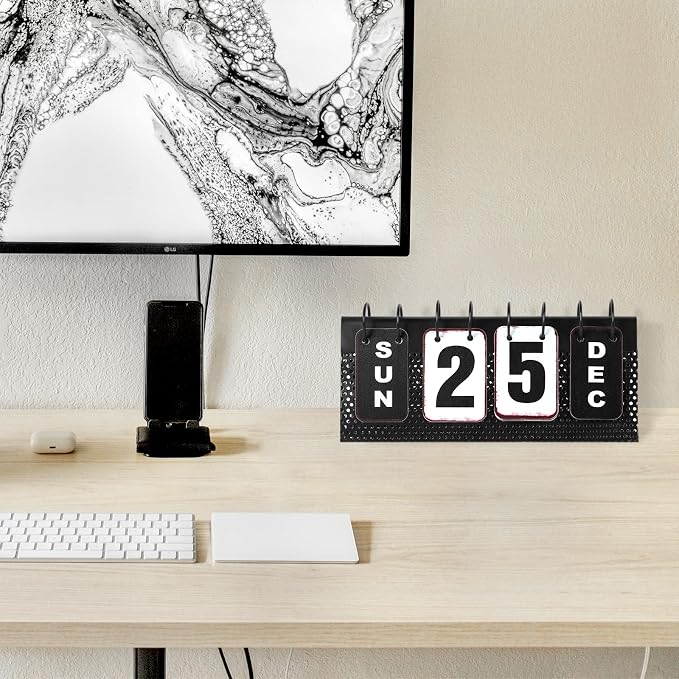 Metal Desk Calendar Standing Flip, Desktop Perpetual Flip Calendar with Large Display, Farmhouse Vintage Daily Flip Calendar for Home Office Decor, Reusable Yearly