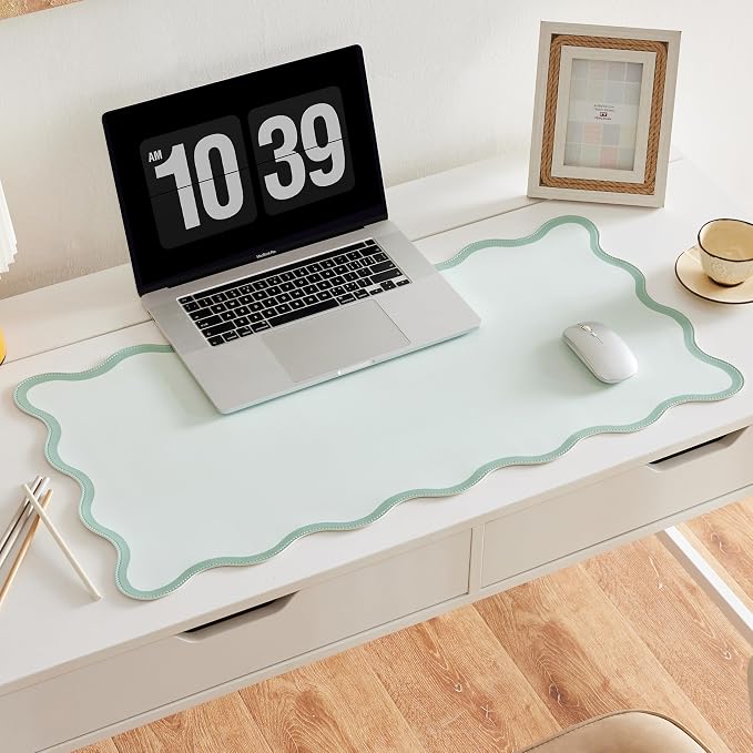 Scalloped Desk Mat, 31.5" x 15.7", PU Leather, Waterproof Anti-Slip, Cute Aesthetic Desk Pad for Office/Home/Game/Vanity (Sage, 31.5" x 15.7")