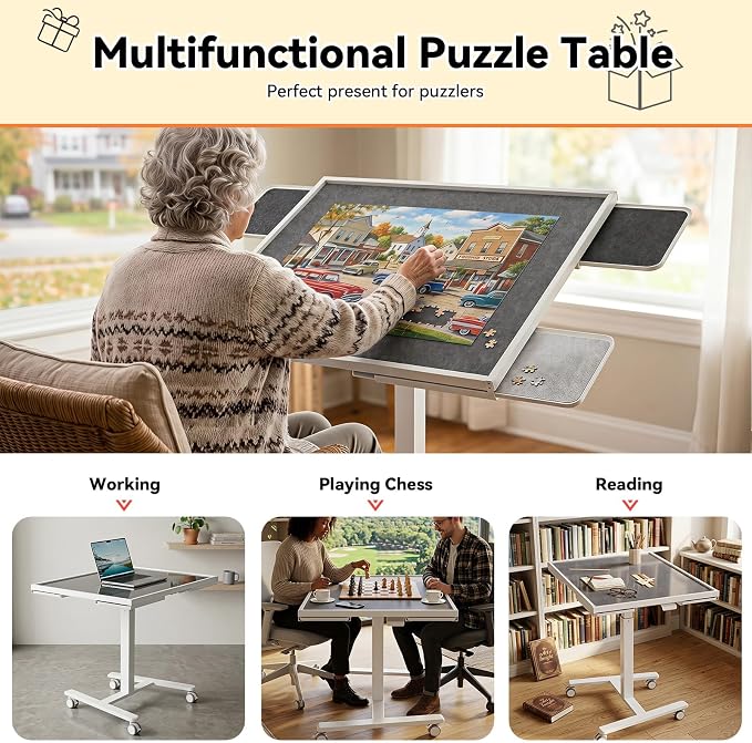 JYLH JOYSEEKR 1500 Pcs Puzzle Table with 4 Drawers, 33.8"×25.8" Metal Frame | 90° Tilt & Height Adjustable Jigsaw Puzzle Board on Wheels & Cover, Drafting Desk, Gift for Adults, Puzzle Lover, White