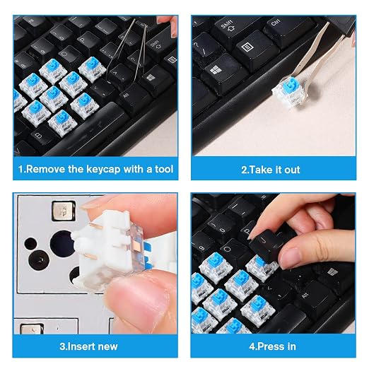 Qianyu 30 Pcs Blue Mechanical Keyboard Switches with Switch Puller and Brush 3-Pin Clicky Key Switches Dustproof DIY Replacement Kit for Gaming Keyboards Typists Gamers