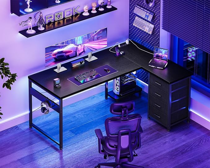 AODK 53" L Shaped Gaming Desk with 4 Drawers and Power Outlets, Black | USB Ports, PC Tower Stand, Hooks, Reversible Corner Layout for Gaming Rooms, Bedrooms and Home Office