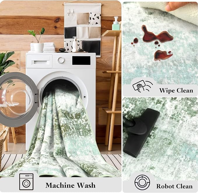 Macgace Washable Abstract Rug, 4x6 Modern Area Rugs with Non-Slip Rubber Backed for Living Room, Thin but Soft Contemporary Carpet Kitchen Bedroom Decor, Green