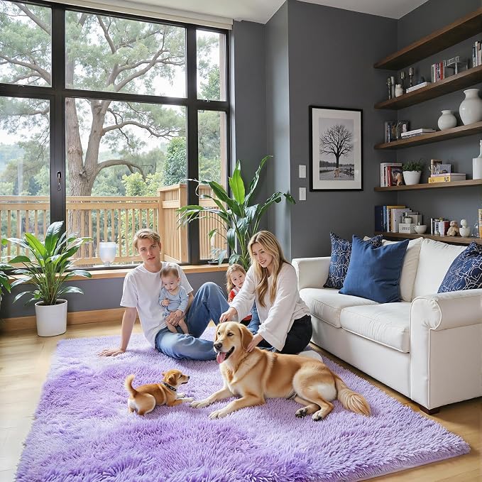 Rugs for Living Room 5x8, Alfombras para Salas Shag Large Plush Soft Area Rug, Shaggy Carpets for Bedroom,Boys Girls Home Decor Aesthetic(Purple Starry, 5x8 Feet)