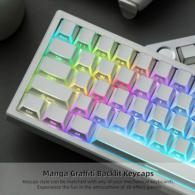 Womier PBT Shine Through Keycaps Manga White, OEM Profile Side Printed Custom Key caps 60 65 75 100 Percent Keyboard Keycap Set Suitable for MX Switches Mechanical Keyboard