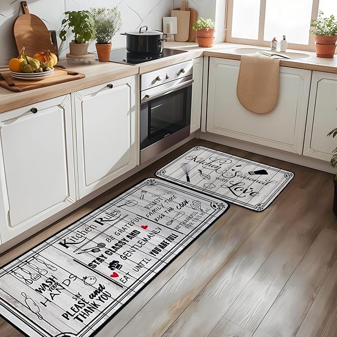 Voanos Kitchen Rugs,Non Skid Washable Microfiber mats for Kitchen Floor, Vintage Farmhouse Kitchen Cushioned Runner Rug Decor Sets of 2,Size 17"x 47"+17"x 30"，Kitchen Rules White