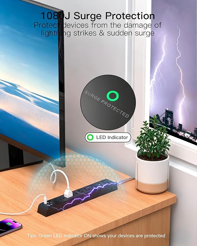 Surge Protector Power Strip 5FT, 10-in-1 with 6 AC Outlets 4 USB Ports(2 USB-C), Ultra Flat Plug Braided Extension Cord, Wall Mountable, 1080J Surge Protection, Black