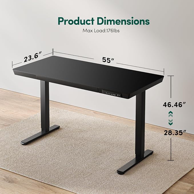 FEZIBO 55 × 24 Electric Standing Desk with Drawers, Whole-Piece Glass Adjustable Height Desk, One-Piece Quick Install Adjustable Sit Stand Desk, Black