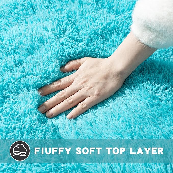 4x6 Area Rug for Bedroom, Soft Rugs for Living Room Nursery Kids Room Dorm Home Decor Aesthetic, Fluffy Shaggy Rug with 4 Anti-Slip Carpet Tapes, Teal Blue