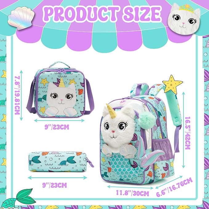 Meetbelify Cute Mermaid Kids Backpacks for Girls School Backpack with Lunch Bag Pencil Case for Elementary Student 3D Carton Plush Kids Travel School Bag for Girls Ages 6-8 Years Old
