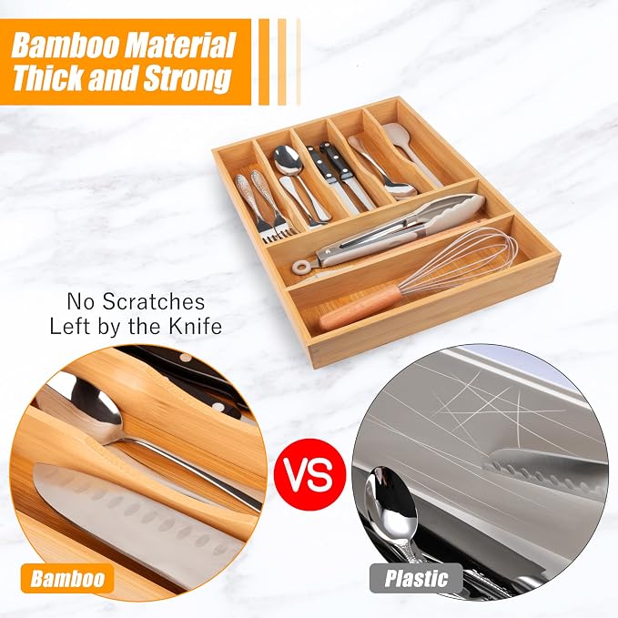 Bamboo Silverware Drawer Organizer, Kitchen Utensil Drawer Organizers, 12"x15.7" Utensils Holder Cutlery Tray with Grooved Drawer Dividers for Kitchen Flatware Bedroom Office(7 Slot, Natural)