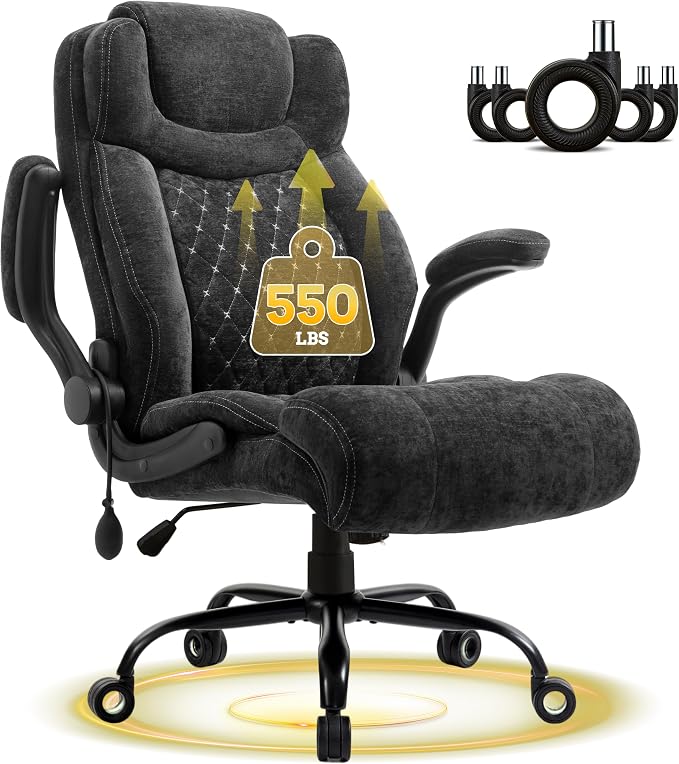 550LBS Big and Tall Office Chair, Comfy Heavy Duty Executive Chair with Adjustable Lumbar Support Double Spaces Casters, Fabric Extra Wide Seat Ergonomic Computer Desk Chair for Back Pain,Blackcloth