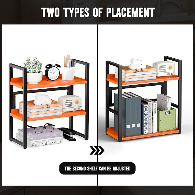 Brakki Desk Shelf Organizer, 2-Tier Desktop Bookshelf, Small Office Shelf | Adjustable Shelf, Metal Desktop Rack for Dorm, with Foot Mat, Multi-Functional Organization, Black and Orange