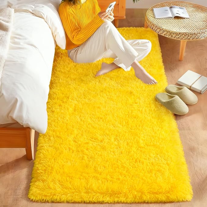 Fluffy Soft Runner Rug for Bedroom Hallways, 2x6 Area Rugs for Living Room, Modern Shaggy Carpets Fuzzy Rug for Boys Girls Dorm Nursery Home Decor Aesthetic, Upgrade Non-Slip Durable, Yellow
