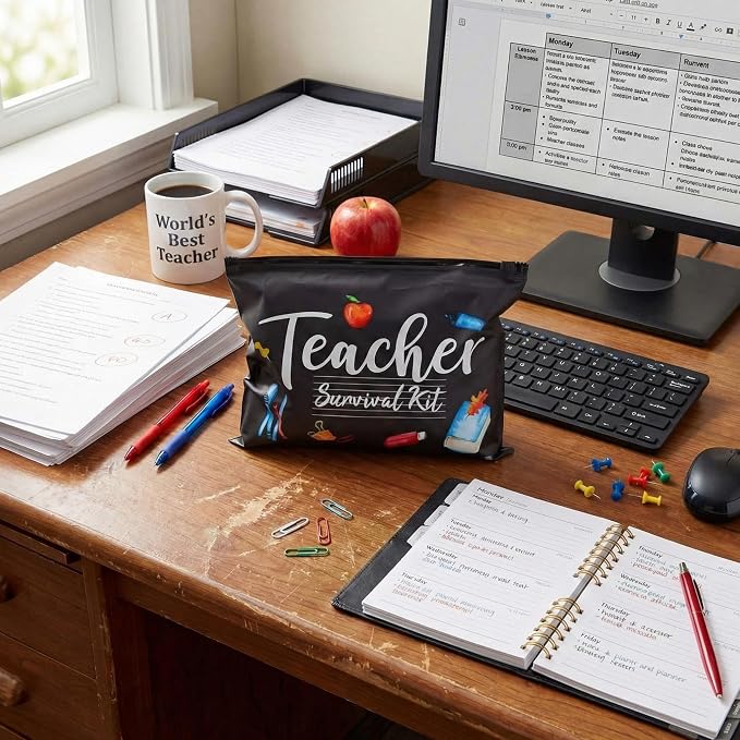 60 Pcs Teacher Appreciation Gifts Bulk Black Teacher Survival Small Waterproof Makeup Toiletry Bag Pouch Cosmetic Pencil Bag Thank You Gifts for Women Men Travel Back to School Season Supplies