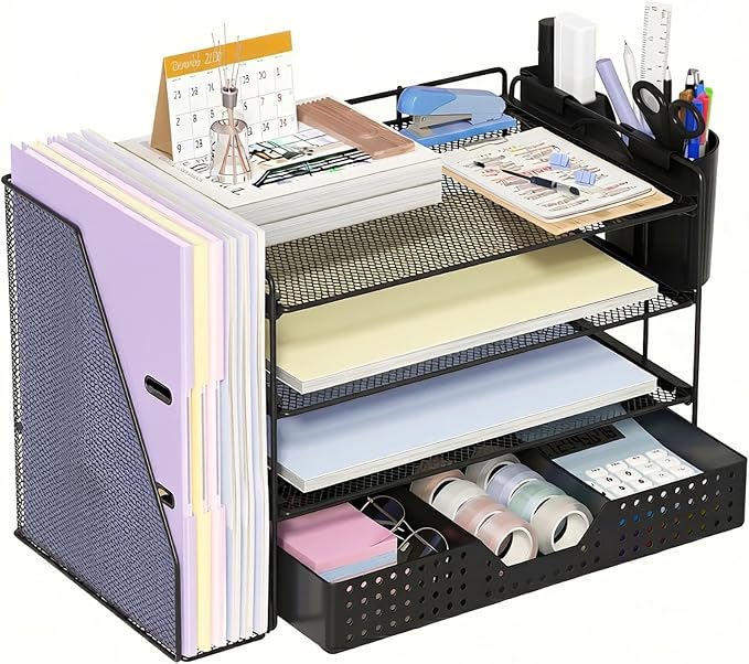 ECOLOVI Desk Organizer, 4-Tier Paper Organizer Letter Tray with File Holder, Drawer and 2 Pen Holders, Desktop File Organizer for Office Supplies, Workspace Storage, Black