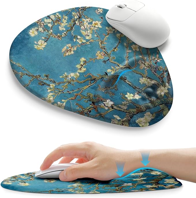 Palm-Rest and Wrist-Hugging Mouse Pad Wrist Rest, Ergonomic Wrist Support with Curve Fitting Cushioned Memory Foam for Carpal Tunnel Pain Relief, 9.9 x 8.3 Inch, Van Gogh Apricot Blossom