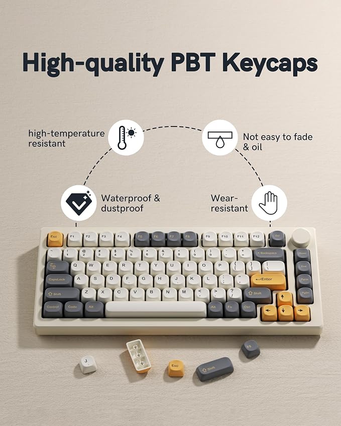 Keymatic 137 Double Shot PBT Keycaps Set MOA Custom Retro keycaps for 61/64/68/84/87/100/104/108 Retro Gaming Mechanical Keyboard Gray Gold(Only Keycap Set)