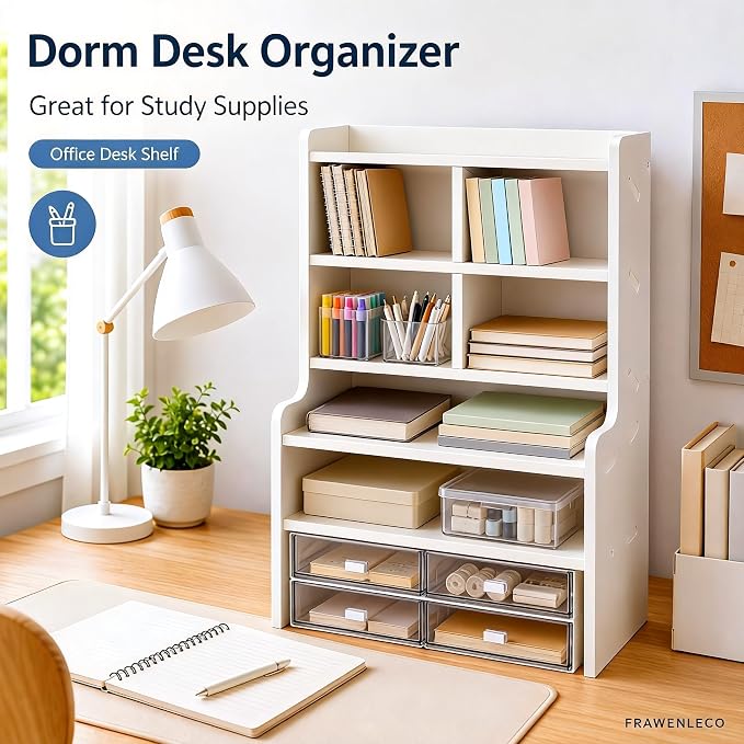 6-Tier Desktop Organizer Shelf, Small White Desk Storage Rack with Drawers, Multi-Layer Office Desk Organizer for Books, Stationery, Makeup, Study Room, Dorm, Home Office