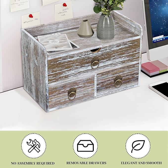 Wood Desk Organizer with Drawer, Washed Brown Wooden Desktop Organizer, Tabletop Storage Organization Box for Countertop, Home Office Supplies (3 Drawer and Shelf)