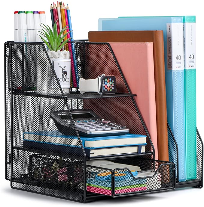 Topwey Desk Organizers and Acceessories for Office School Study | 2-Tier Paper, Letter Tray, 1 Drawer and 2 Pen Holder