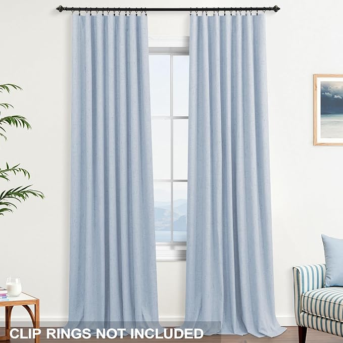 KOUFALL Light Blue Back Tab Linen Blackout Curtains for Living Room 52 by 96 Inch Length