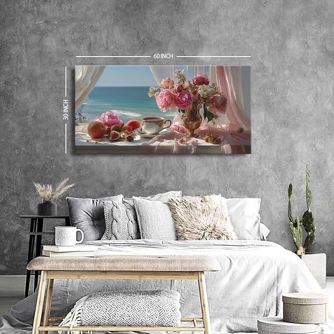 AIYISU Vintage Pink Flower Wall Art Retro Flowers in Golden Vase Pictures Blue Ocean Coastal Landscape Canvas Prints Blossom Painting Poster Floral Artwork Living Room Bathroom Home Decoration 30x60