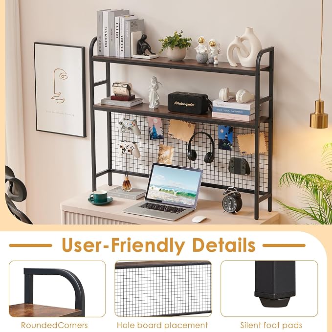 Desk Shelf, 45.3” Desktop Organizer Shelf with Grid Panel and Hooks, Desk Hutch for Computer Monitor, 2 Tier Desk Display Rack Wood Desktop Bookshelf Storage for Home Office Dorm